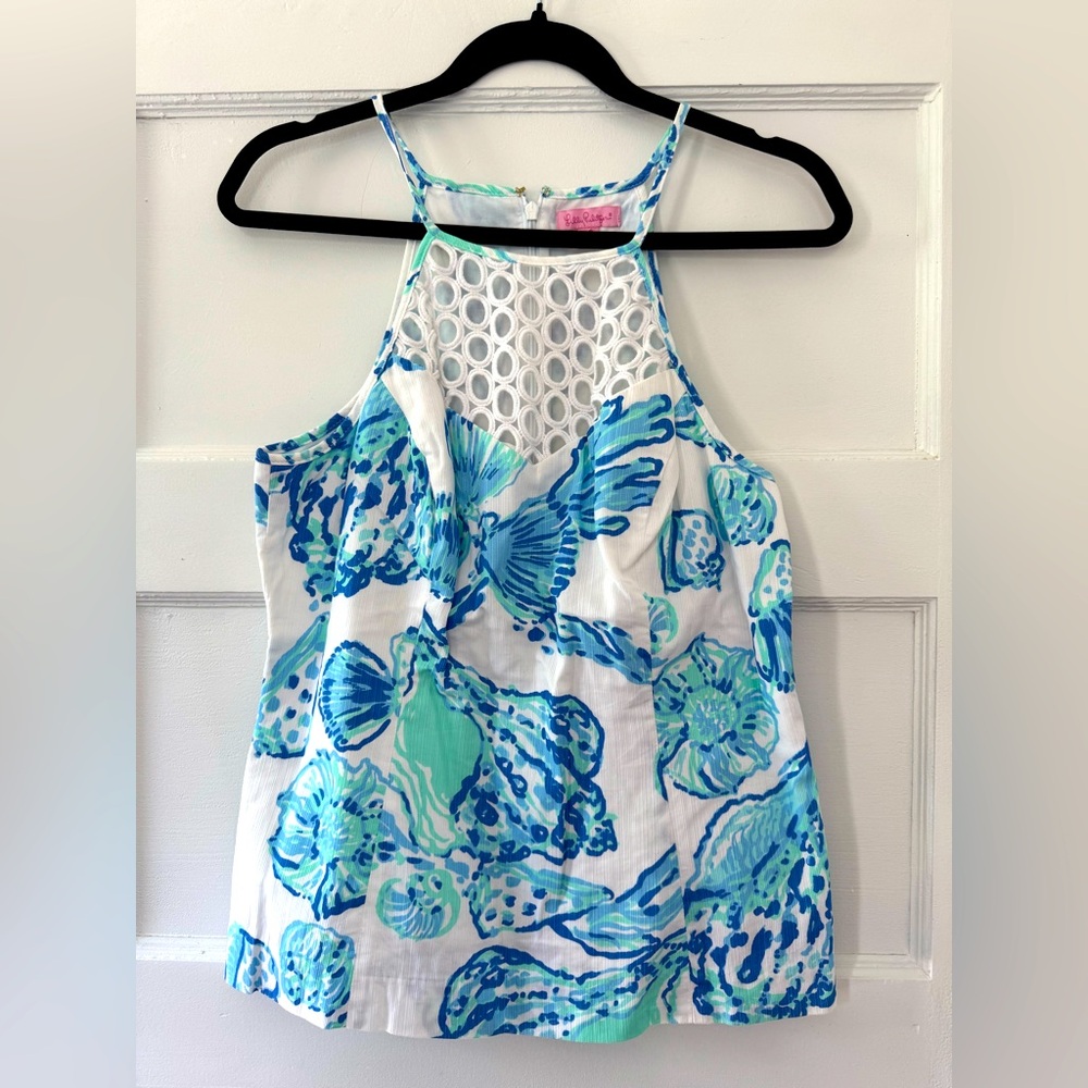 Lilly Pulitzer Blue and White Cropped Embellished Tank Top